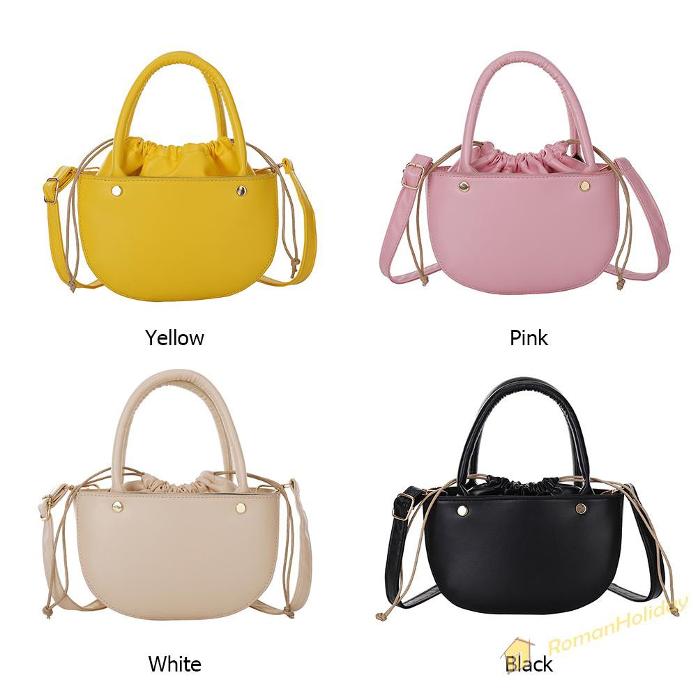 【On Sale】Fashion Women Drawstring Solid Color PU Shoulder Bag Top-handle Handbags