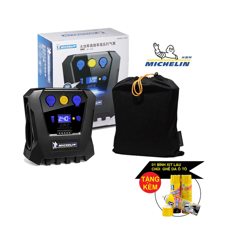 MÁY BƠM LỐP XE HƠI MICHELIN 12266 TỰ ĐỘNG NGẮT KHI ĐỦ ÁP SUẤT TẶNG KÈM BÌNH LAU CHÙI GHẾ DA Ô TÔ