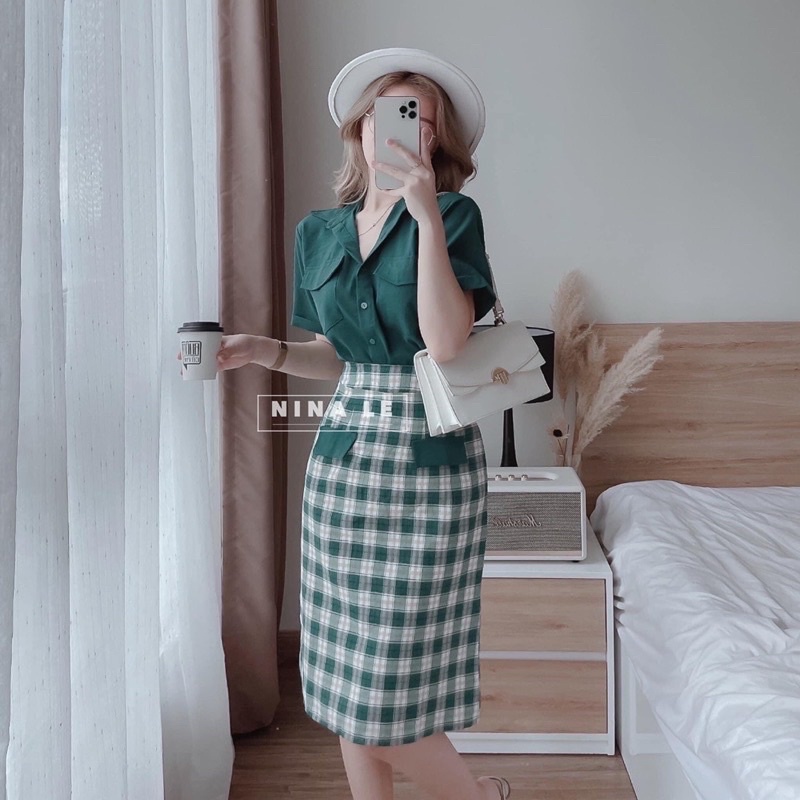 Sét Áo Caro xanh phối chân váy