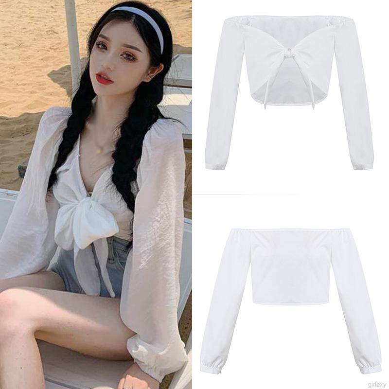 Korean Puff Sleeve Shirts Solid Color Crop Tops V-neck Navel Knotted Long Sleeve Sexy Shirts | BigBuy360 - bigbuy360.vn