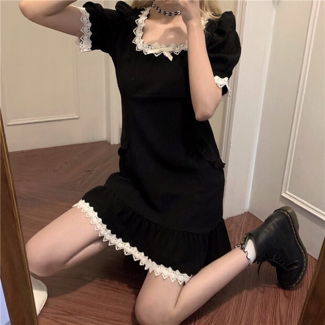 (Video tự quay) Đầm đen phối ren loli ulzzang Hàn Quốc [Yannie] | BigBuy360 - bigbuy360.vn