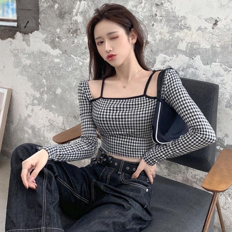 Áo dài tay cổ vuông họa tiết sọc ca rô phong cách xinh xắn thời trang cho nữ