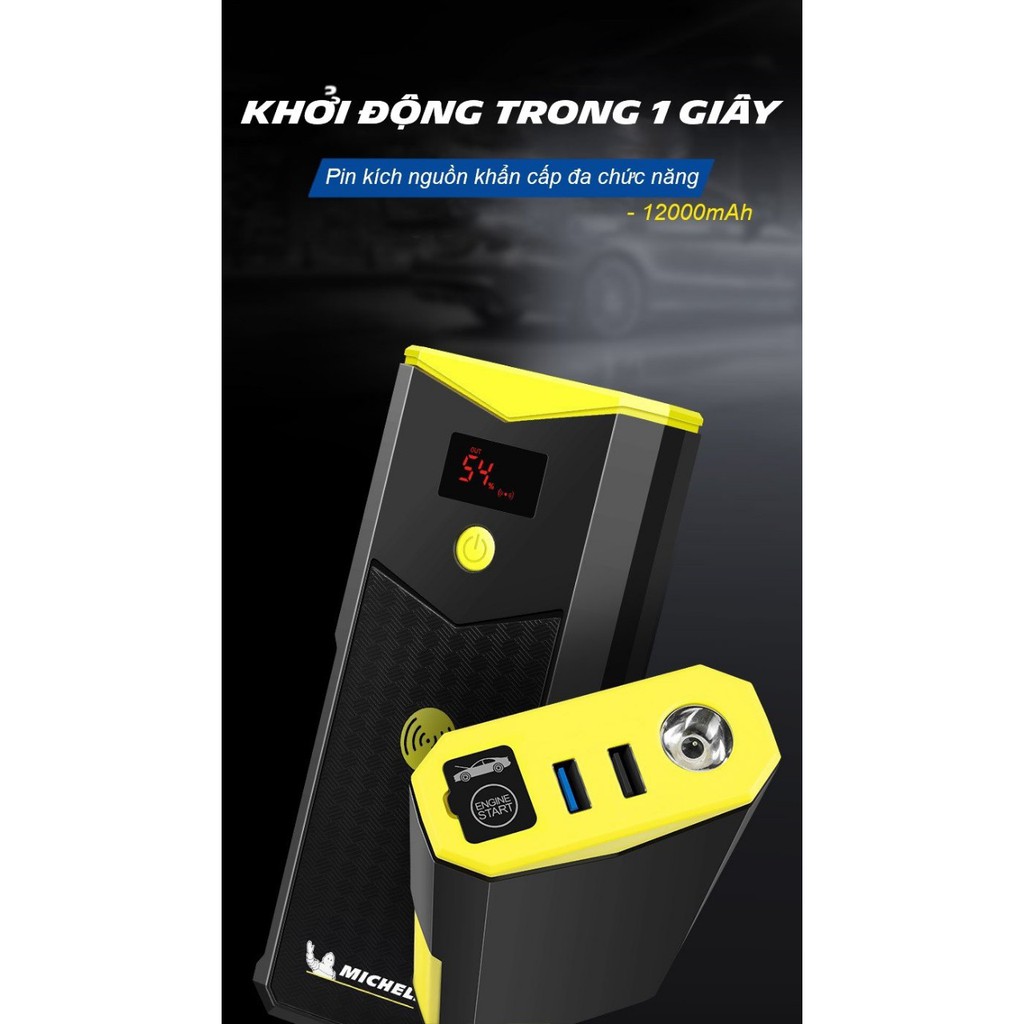 Bộ kích bình ô tô 750A - 1500A chuyên dụng kiêm sạc dự phòng không dây 12000 mAh có đèn pin Michelin 4163ML