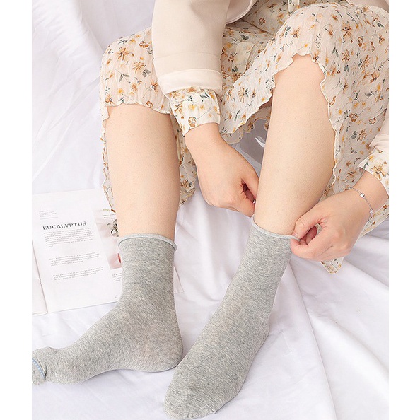 Vớ nữ Tất nhún cổ cao cotton cho bạn gái phong cách vintage hàn quốc đen trắng nhiều màu QC