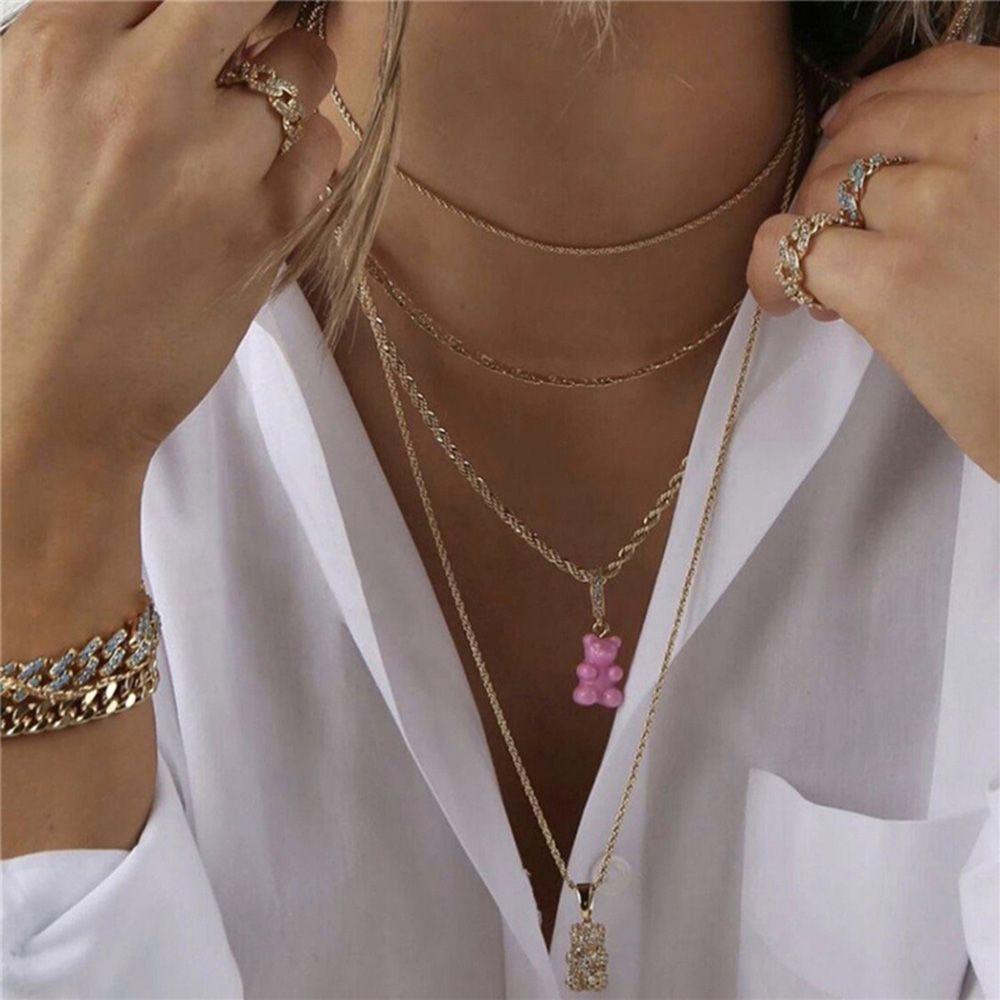 Vòng cổ mặt hình gấu đính đá zircon ngọc trai nhiều màu dễ thương cho nữ