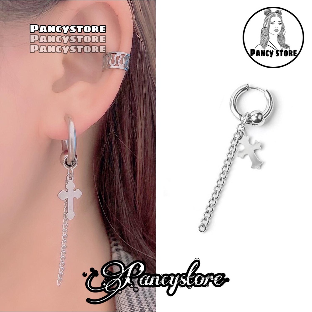 bông tai nam nữ khuyên tai thánh giá xích Unisex