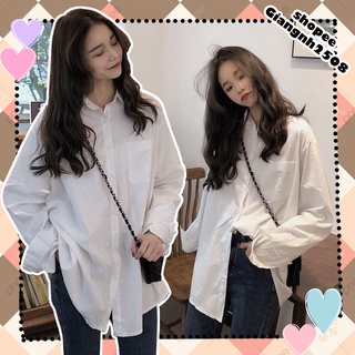 A025 Áo sơ mi trắng basic có túi ngực nam nữ học sinh sinh viên trẻ trung oversize Áo khoác ngoài chống nắng dài tay yêu