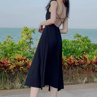 [Ảnh thật] Đầm maxi đen 2 dây đan dây lưng vintage