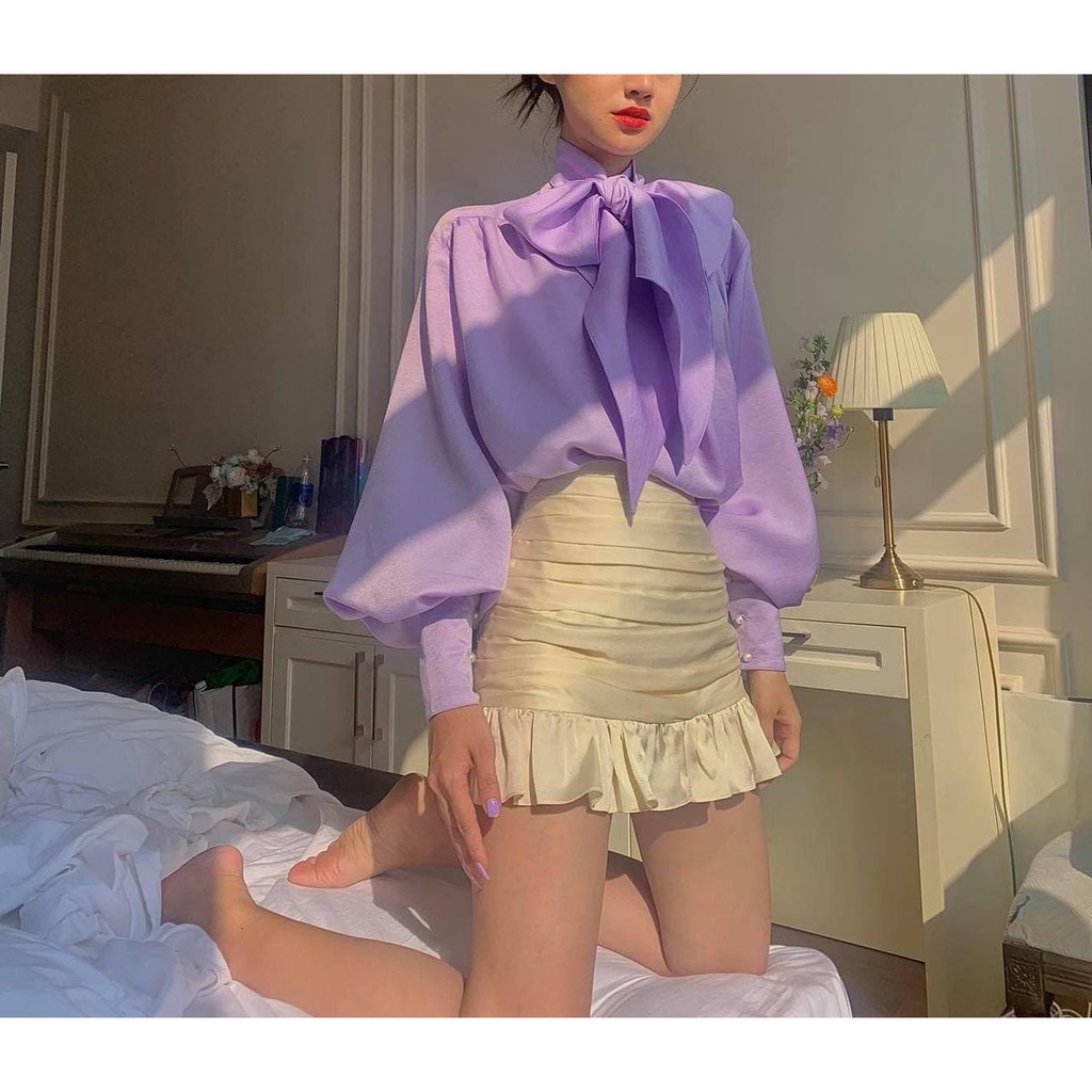 Áo Cổ Điển Nơ Cổ Tím