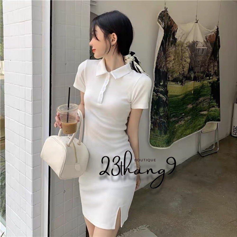 Đầm body váy cổ bẻ polo xẻ trước 23thang9 chất thun gân tăm cao cấp váy ôm sexy nữ thiết kế đi dự tiệc đi phố 23thang9