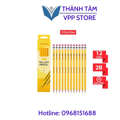 Bút chì gỗ Stacom thân vàng có tẩy 2B PC107 (set 12 cây)
