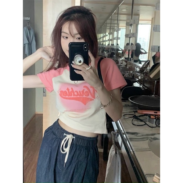 Áo croptop phối tay đen hồng Verichten TONGKHOSI
