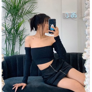 Áo Ống Có Tay Xinh Xắn Off Shoulder Long tiemmem - Đen/Trắng