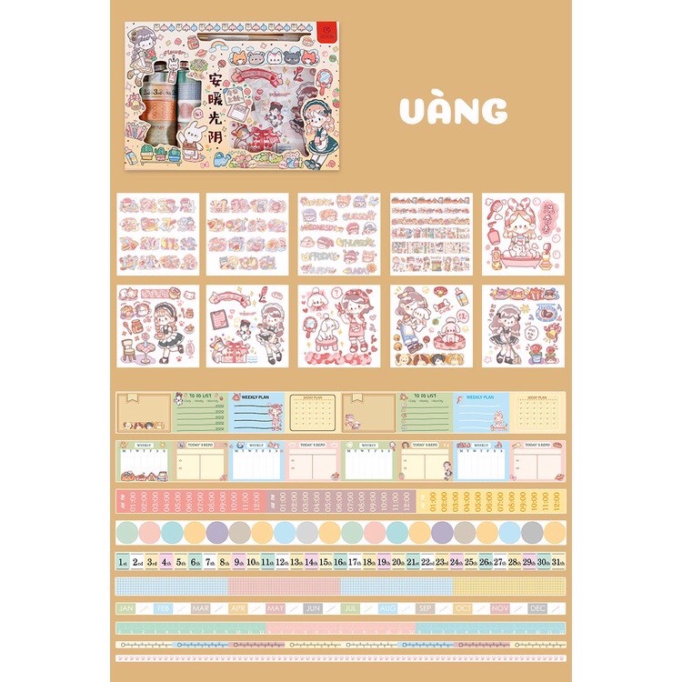 Hộp 19 Washi Tape Kèm 10 Miếng dán Sticker đẹp 10x10cm, kèm 1 bút cắt băng dính dán và ticker chuyên dùng giá siêu rẻ