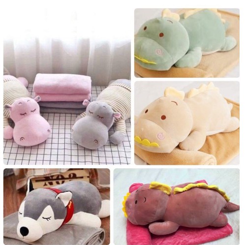 Bộ Chăn Gối Văn Phòng Siêu Tiện Ích Hình Thú. Chăn gối gấu bông hà mã