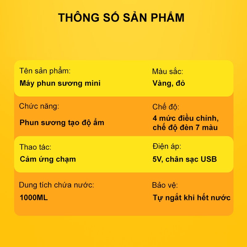 Máy phun sương tạo ẩm mini dung tích 1000mL, 4 chế độ điều chỉnh tích hợp đèn led 7 màu Bảo Hành 12 tháng.