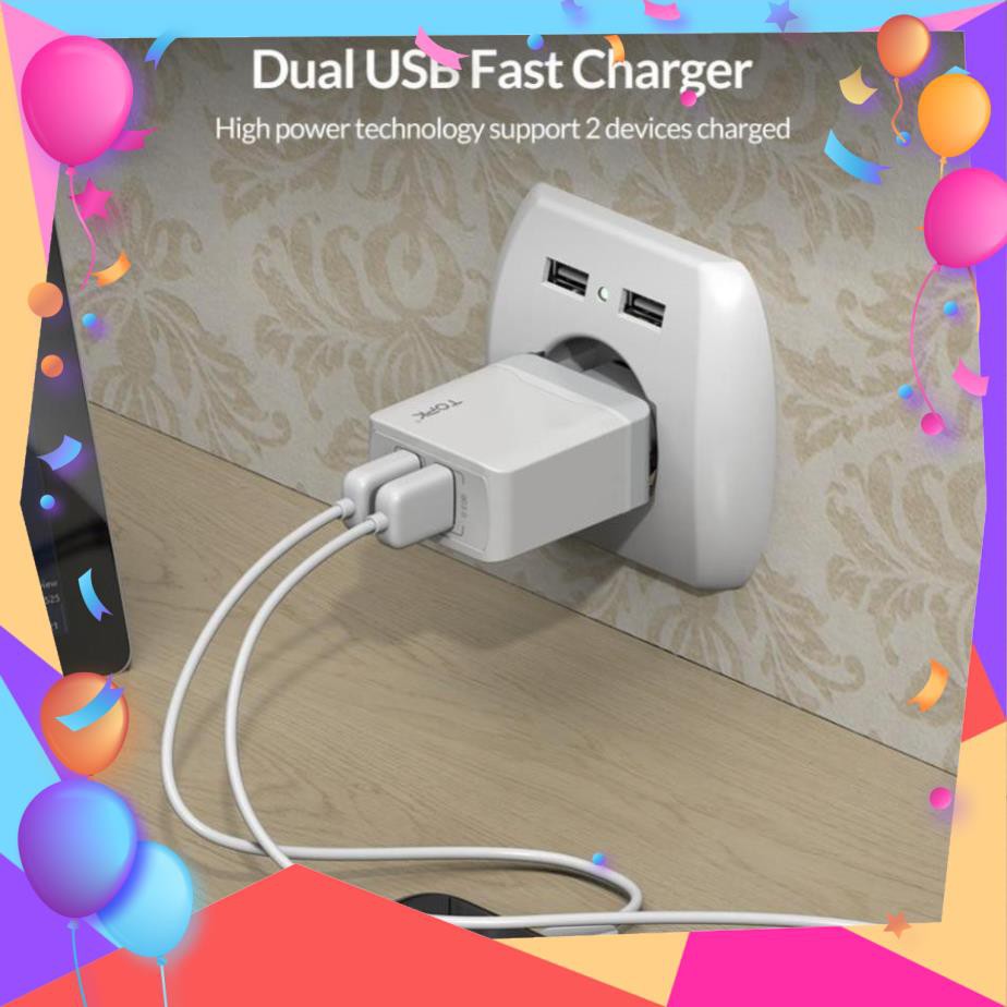 Củ Sạc Nhanh TOPK B244Q Chia Hai Cổng Kết Nối USB Sạc Nhanh 28W QC 3.0 Đầu Cắm EU Dùng Khi Du Lịch