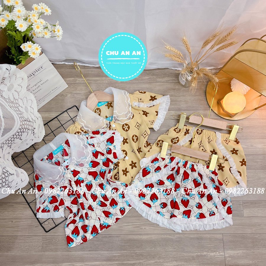 Set Pijama Lụa Mango Phối Cổ Ba Lá Hàng Thiết Kế Cao Cấp Tay Cộc .Bộ Ngủ Lụa Bé Gái Cao Cấp