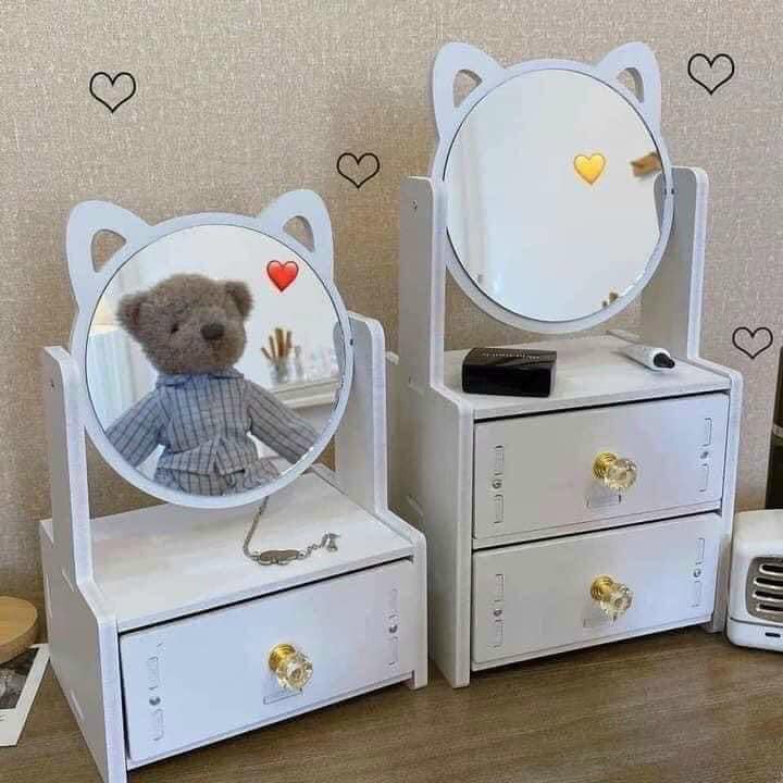 Kệ Mỹ Phẩm Mini❣️ Kệ Để Đồ Trang Điểm Có Kèm Gương Tai Mèo Dễ Thương