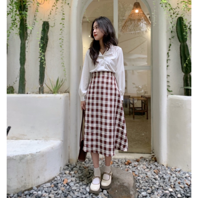 Chân váy NHI kẻ caro form A dài 🌷