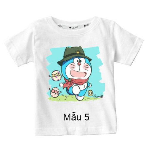 Áo Thun Bé Gái Bé Trai Ngắn Tay Cổ Tròn Vải Cotton In Hình Doraemon 1-8 Tuổi