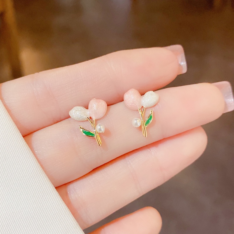 Bông Tai Hoa Tulip Màu Hồng Đính Ngọc Trai Thời Trang 2022