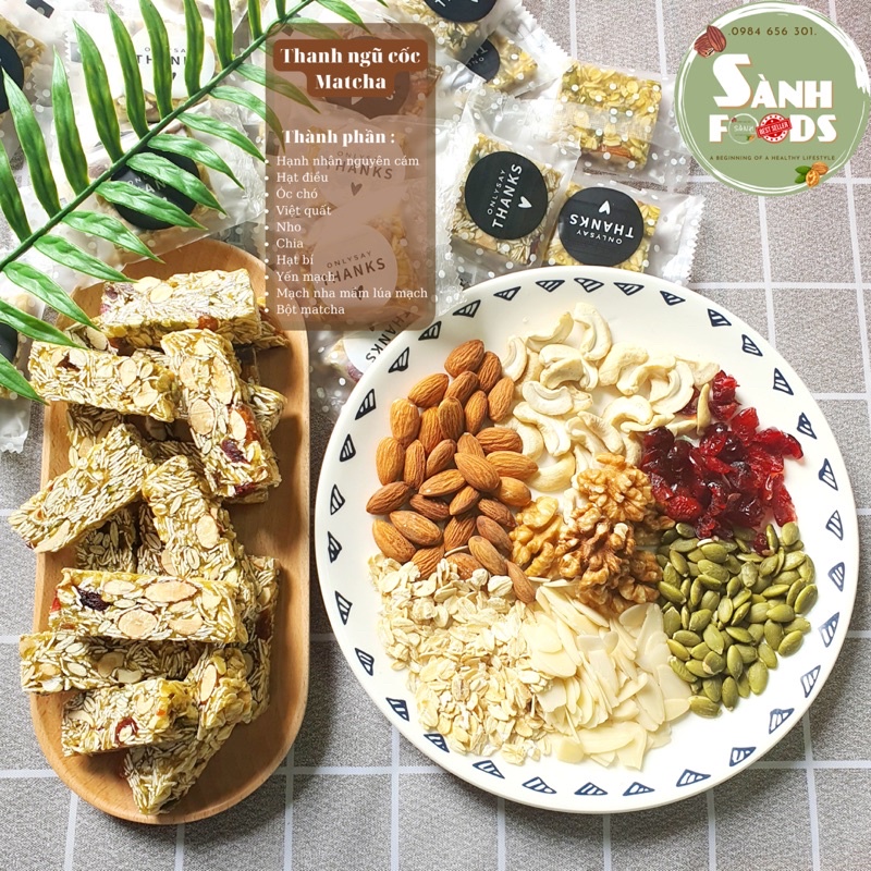 Thanh Granola Ngũ Cốc Hạt Matcha, Thanh dinh dưỡng hạt, Bánh giảm cân