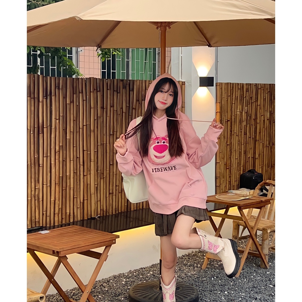 Áo Hoodie Nỉ Unisex Hình Gấu Hồng 🦋 Áo Nỉ Nam Nữ Dáng Thụng Dây Rút 2 Màu 🦋