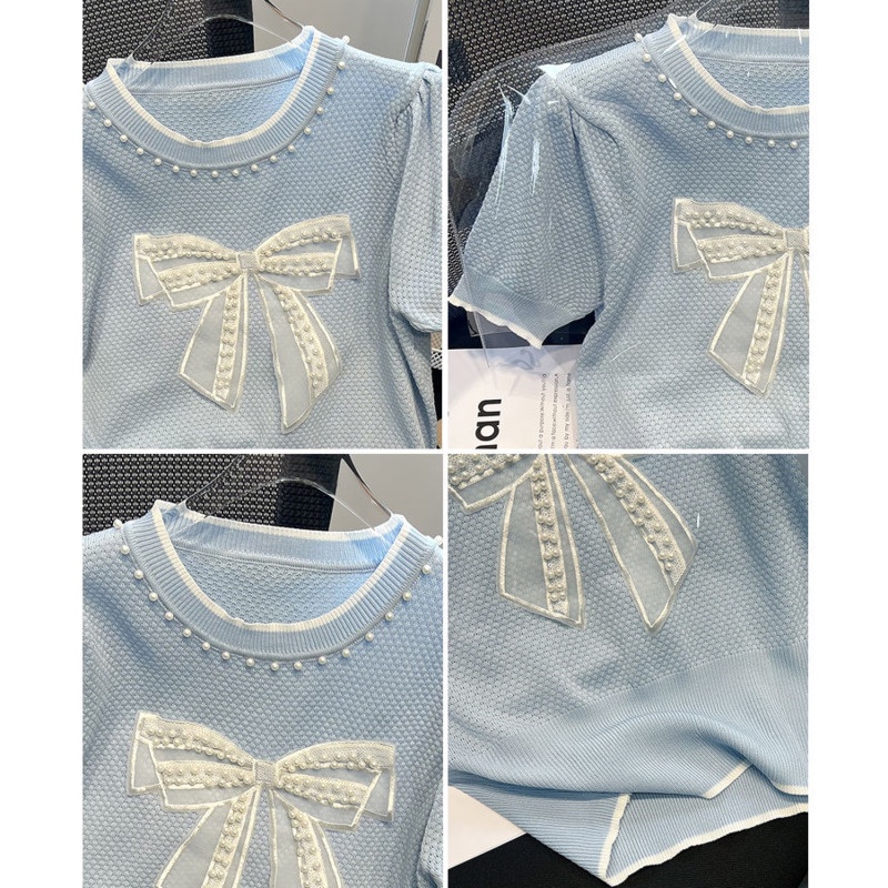 Áo Dệt Kim Tay Ngắn Mỏng Đính Nơ Hạt Thời Trang Mùa Hè Cho Nữ