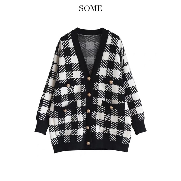 Cardigan kẻ caro (Nâu/Trắng)