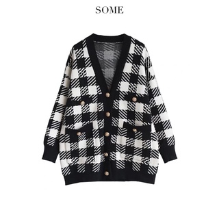 Cardigan kẻ caro (Nâu/Trắng)