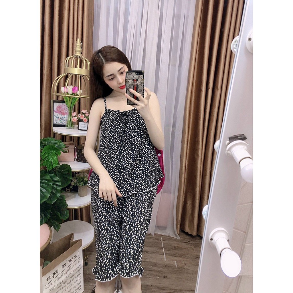 Sét đồ bộ mặc nhà chất lụa satin mềm mịn áo 2 dây, quần lửng họa tiết hoa nhí dễ thương - Shop3nunisex | BigBuy360 - bigbuy360.vn