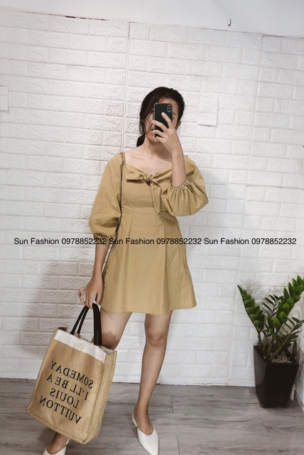 Đầm xinh tay dài cột nơ ngực babydoll dễ thương Sun Fahsion