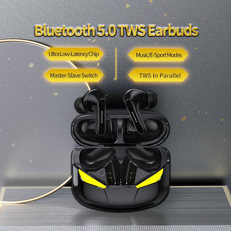 AWEI T35 Gamepods Black Wireless Gaming Headset, Smart Touch, Alien Model,IPX5 Waterproof, Zero Latency In Game Mode