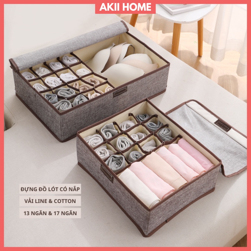 Hộp đựng đồ lót có nắp, nhiều ngăn, vải lanh cao cấp, có thể gấp gọn Akii Home TD36
