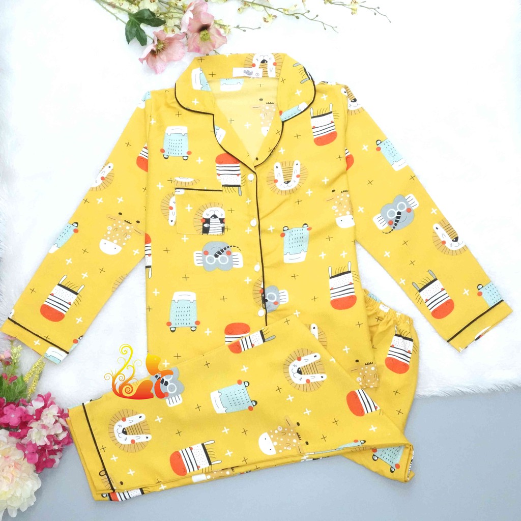 Đồ Bộ Mặc Nhà "Sư tử Smile" Pijama Kate Thái Tay Dài - Dưới 60kg.