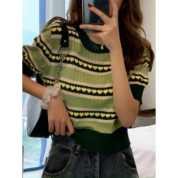 [XẢ HÀNG] Áo Len Cổ Tròn Xanh Trái Tim Tay Ngắn | Smide Clothing
