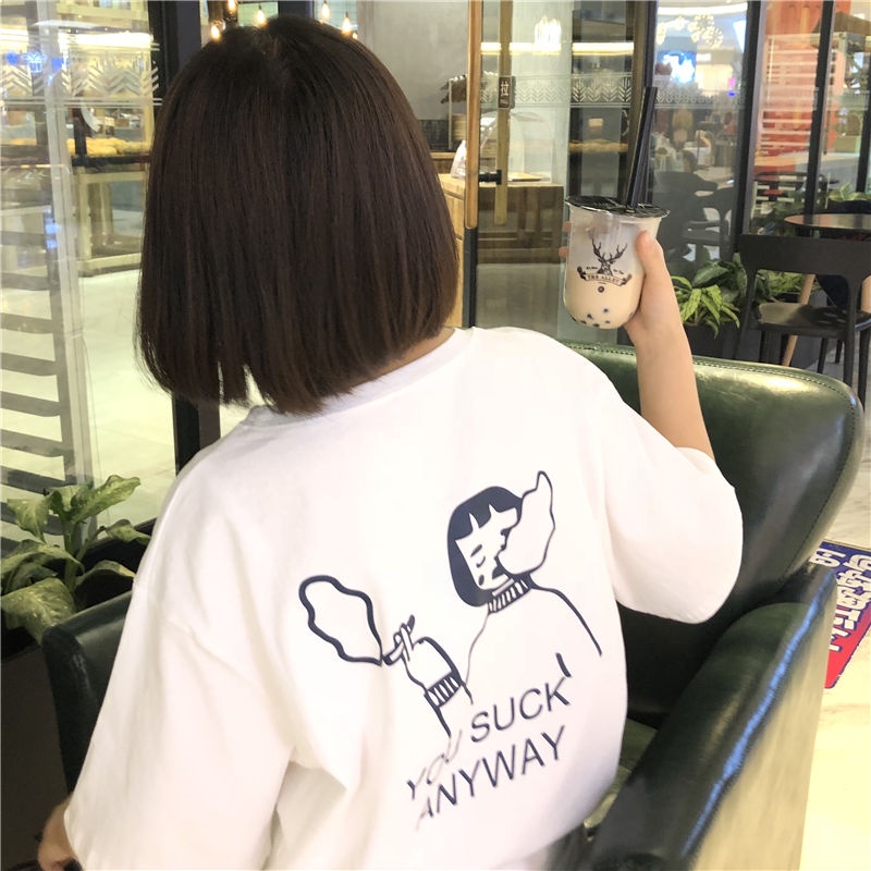 Short sleeve female students Korean loose ins college style BF junior high school girls half sleeve T-shirt summer girls social top fashion