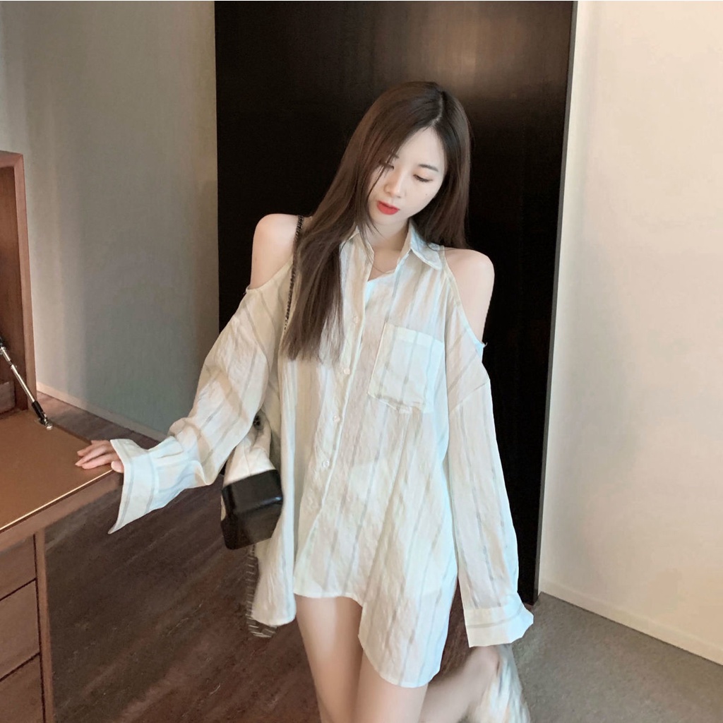 Áo Kiểu Dài Tay Trễ Vai Họa Tiết Kẻ Sọc Thiết Kế Mới Thời Trang Cho Nữ