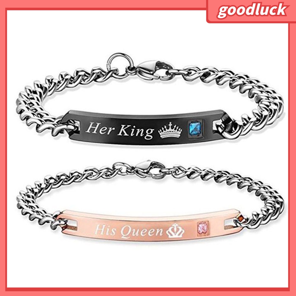 Vòng tay đôi in chữ His Queen Her King và vương miện thời trang