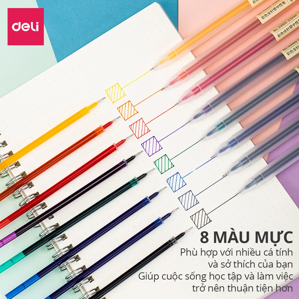 Bút bi nước mực gel 0.5mm nhiều màu Deli cute nắp đậy dùng để viết calligraphy trang trí sổ dễ thương nét chữ đẹp A119