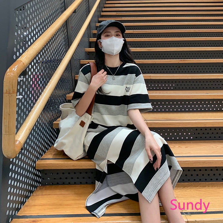 Đầm Tay Ngắn Họa Tiết Kẻ Sọc Phong Cách Hàn Quốc Thời Trang Mùa Thu Xinh Xắn Cho Nữ