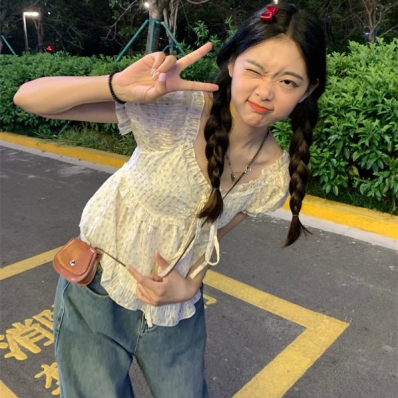 Áo Kiểu Trễ Vai Tay Phồng In Họa Tiết Hoa Thời Trang Cho Nữ