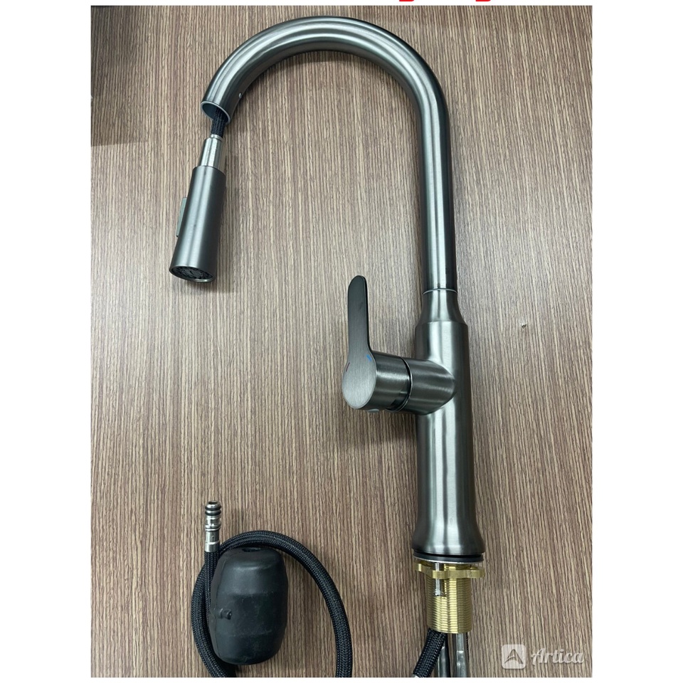 Vòi rửa chén bát dây rút Nóng Lạnh phủ Nano Xám chân đồng thân Trung