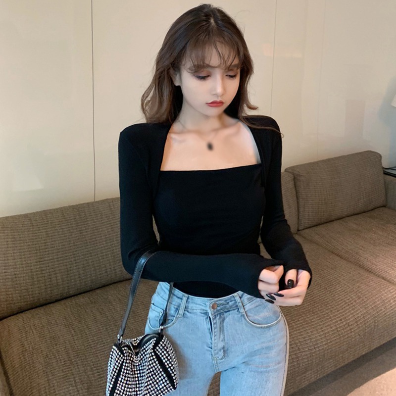 Áo Thun Tay Dài Cổ Vuông Màu Sắc Đơn Giản Phong Cách Hàn Quốc