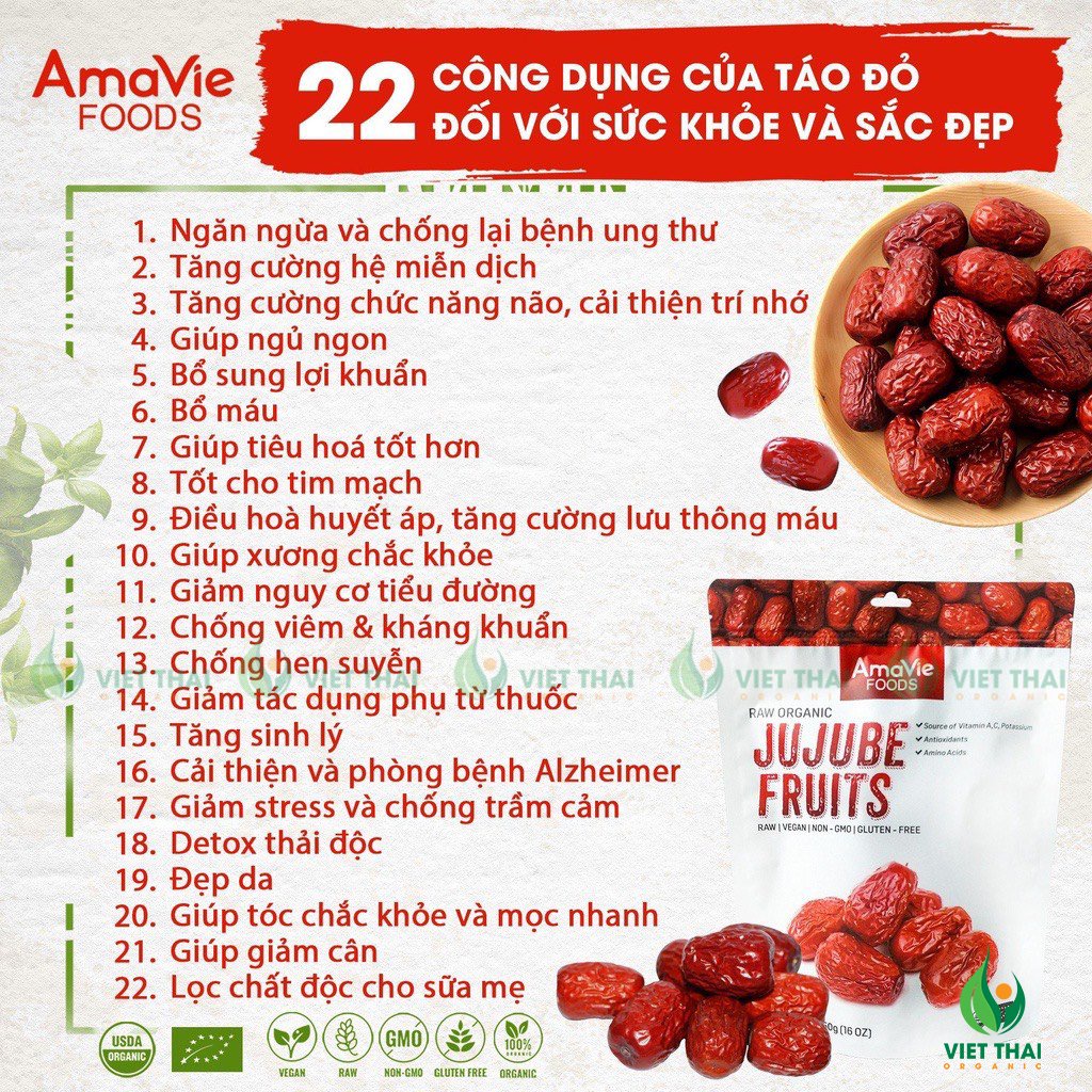 TÁO ĐỎ AMAVIE FOODS SẤY KHÔ - TÁO ĐỎ HỮU CƠ NINH HẠ CHƯNG YẾN/ NẤU CHÈ/ HẦM GÀ (GÓI 450G)