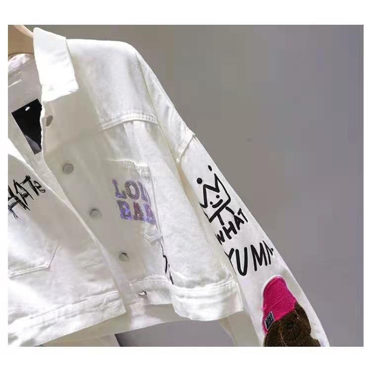 Áo Khoác Denim Dáng Ngắn In Hoạt Hình Gấu Dễ Thương Thời Trang 2023 Cho Bạn Gái