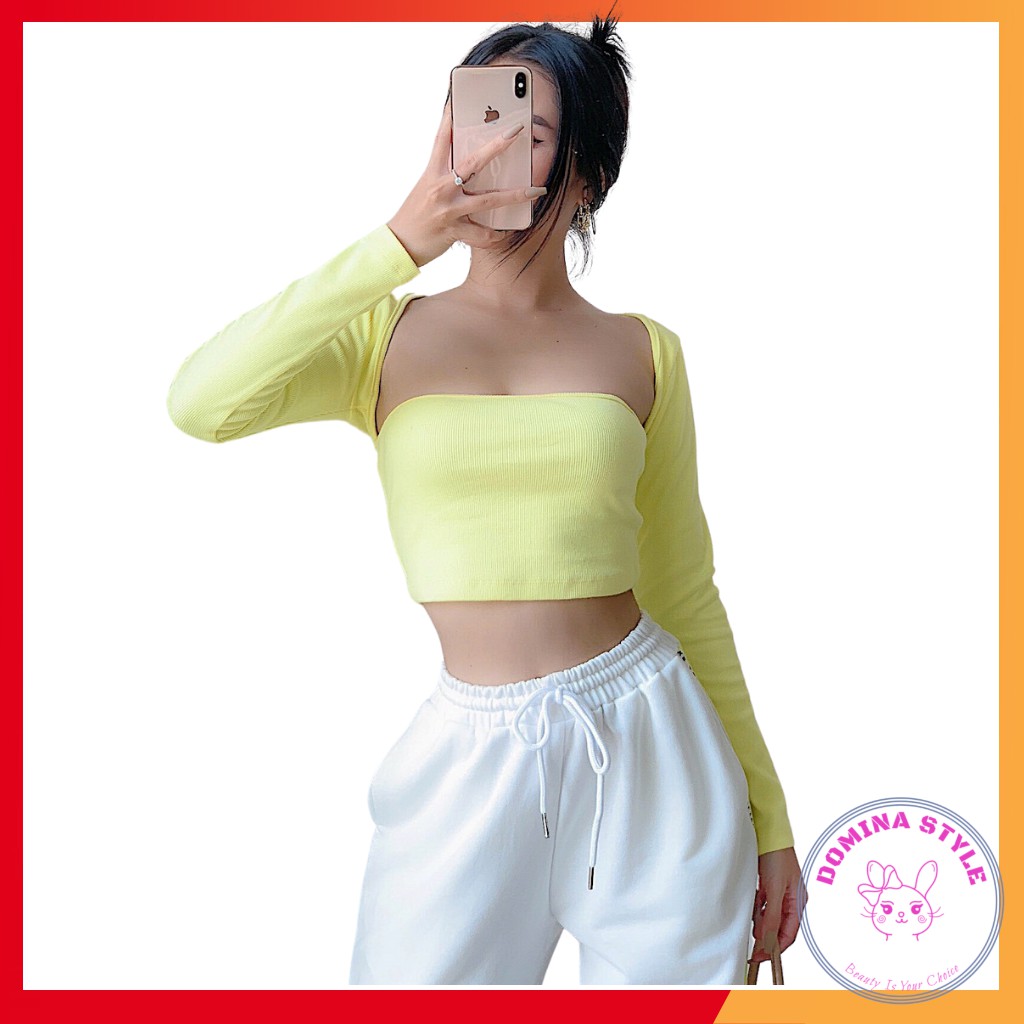 Áo croptop tay dài cổ vuông phong cách kèm ảnh thật domina154