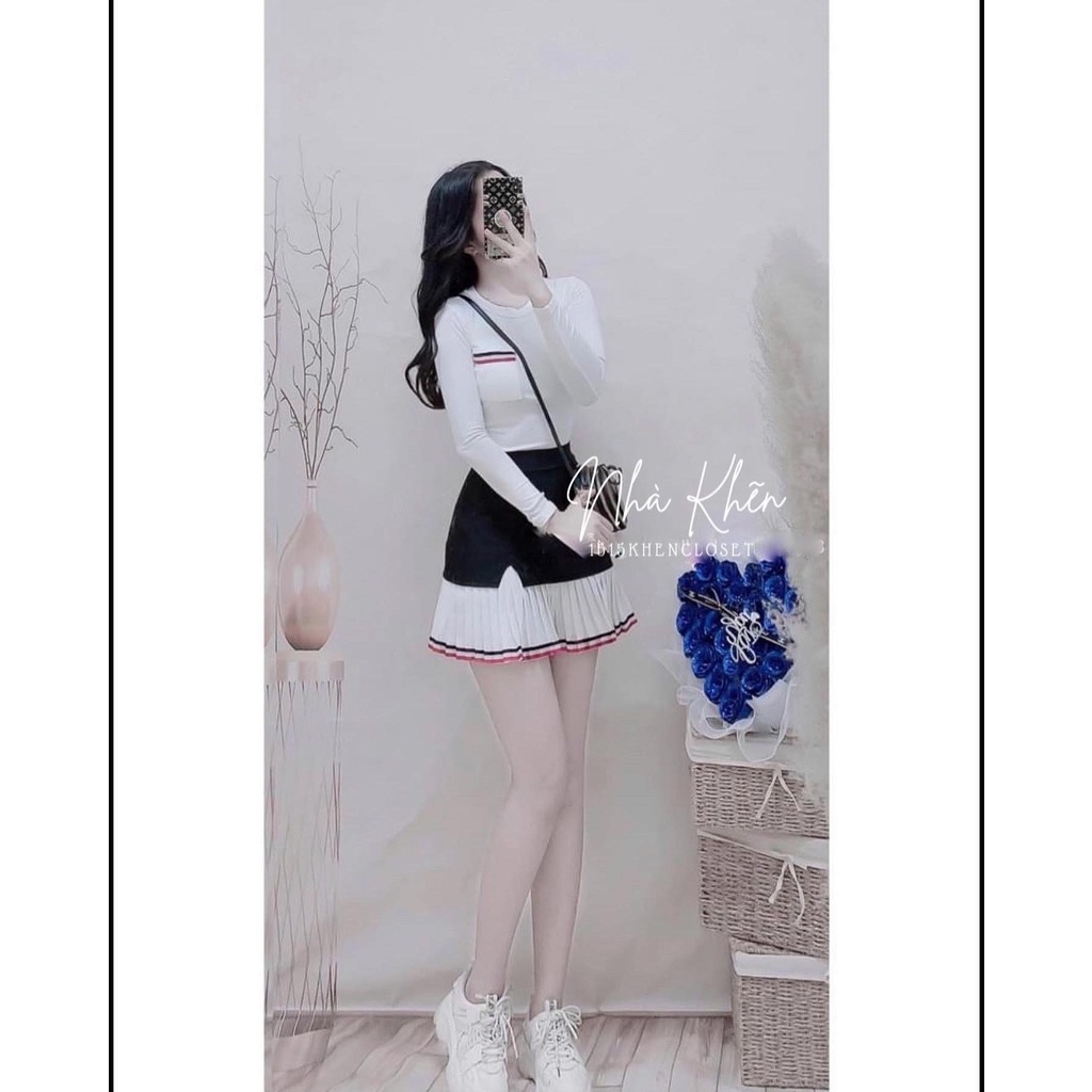 Set áo trắng tay dài váy xếp li