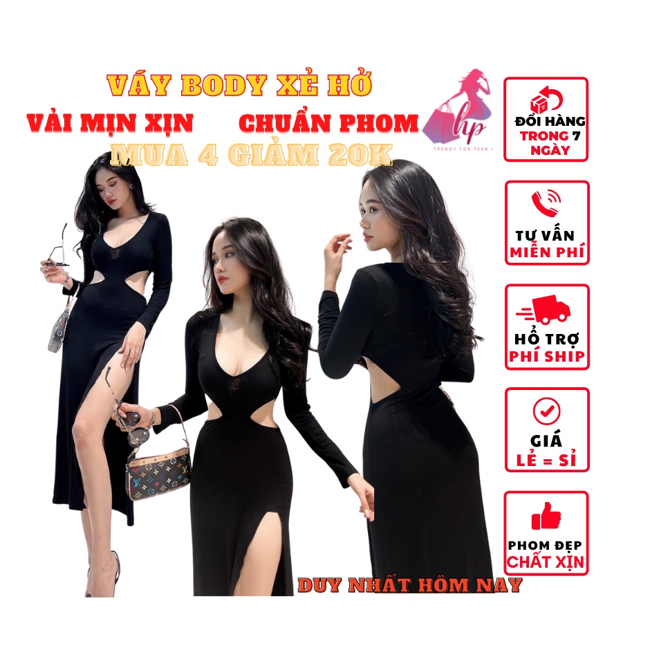 Váy đầm nữ dự tiệc body cổ tim tay dài khoét eo xẻ tà màu đen thun xịn sang chảnh phong cách  hàn 2022